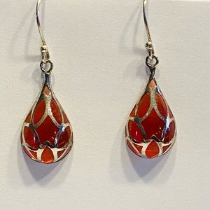 Vintage Sterling Silver Red Teardrop Dangle Earrings